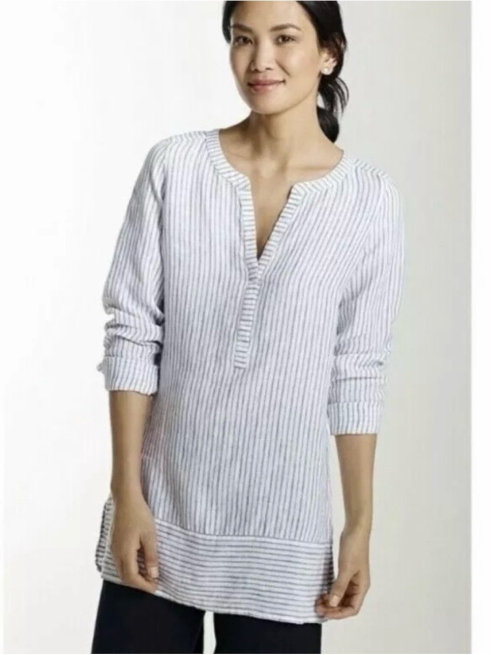 J. Jill LOVE LINEN Tunic Top Womens medium Striped Popover Flowy Coastal